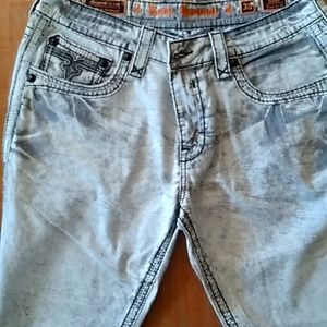 Men's Rock Revival Jeans, Size 38,White/Greyish Stone Wash